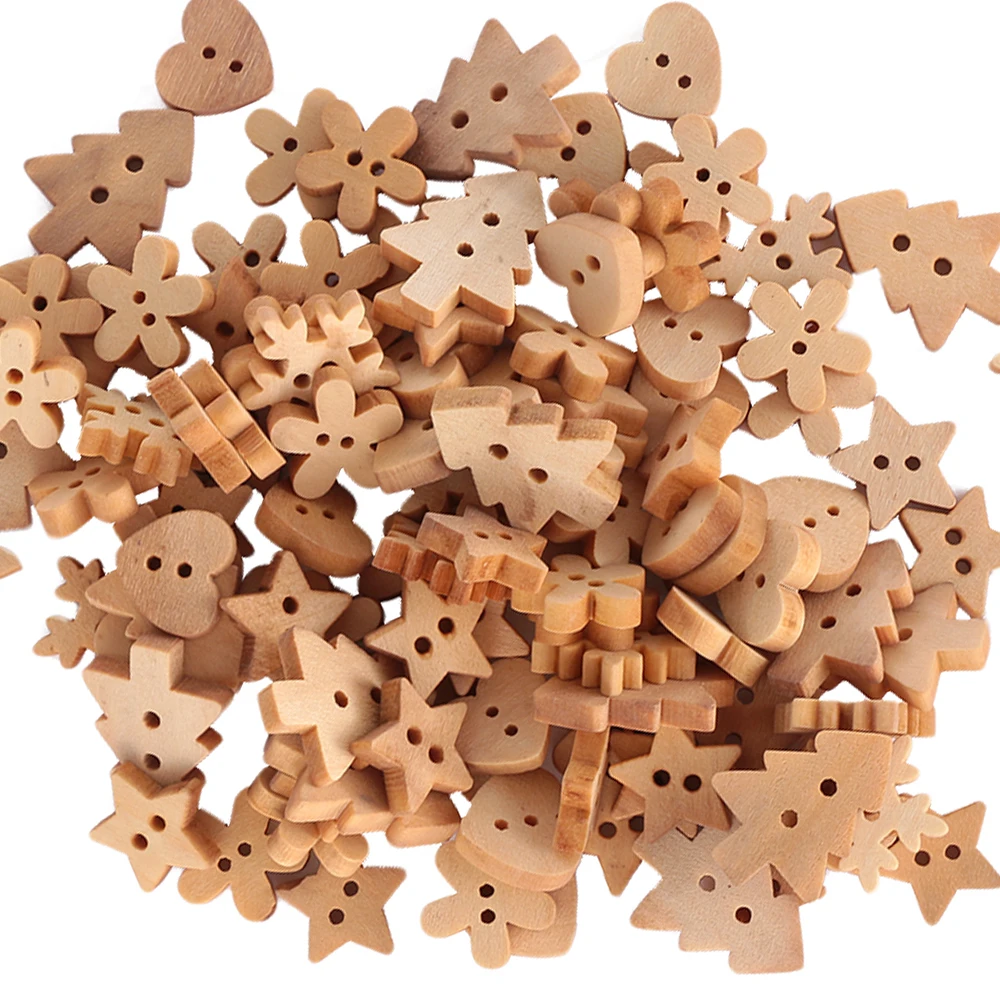 100Pcs/Set Christmas Tree Snowflake Heart Mixed Decorative Wooden Buttons 2 Holes Nature Wooden Sewing Button DIY Crafts