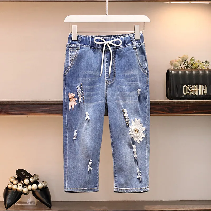 Oversized Summer Jeans Women New Elastic High Waist Harem Pants Embroidery Beaded Holes Vintage Denim Pants Female Cropped Pants