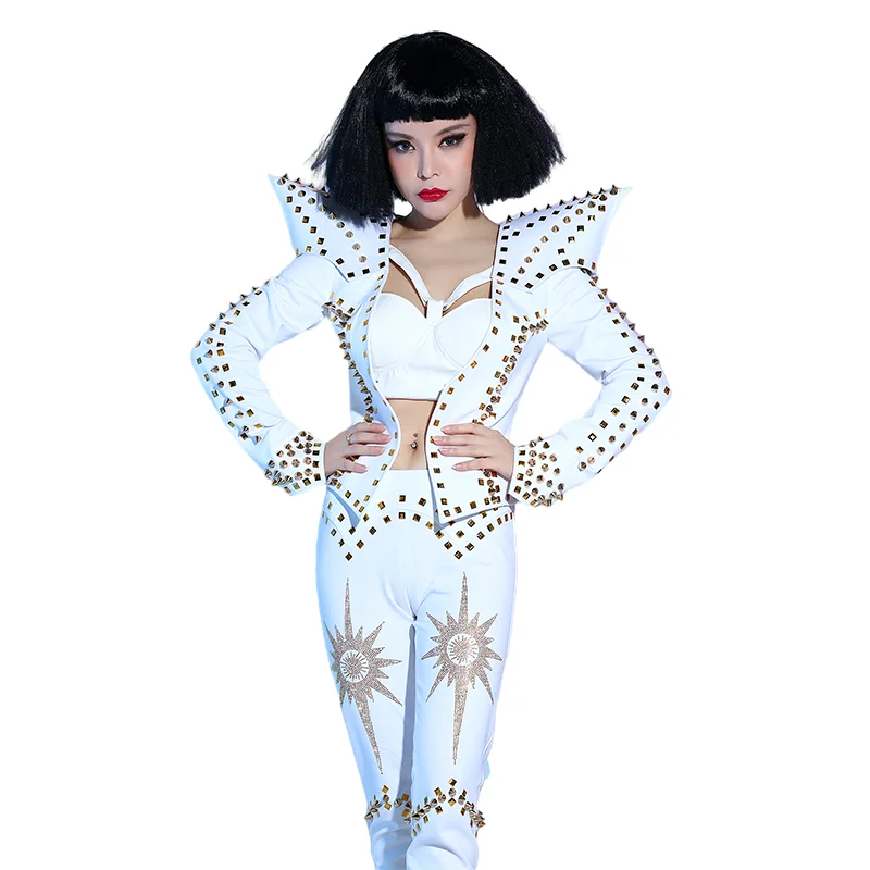 Women New Singer DJ White Sexy Punk DS Rivet Costume Suit Stage Costume Party Birthday Celebration Set (Jacket + Pants)