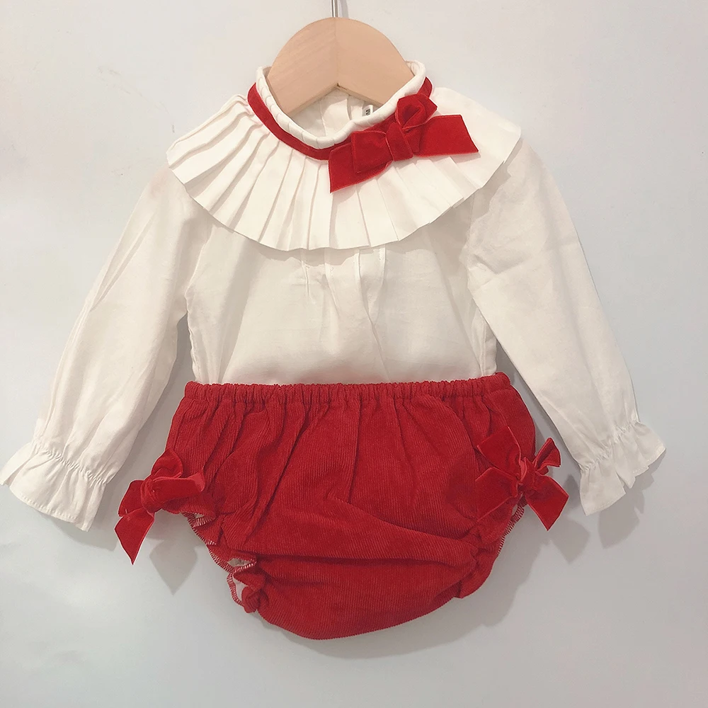 3pcs 1-5years Autumn Children Boutique Clothing Spanish Girls Eid Red Dress Long Sleeve Cotton Shirt Princess Birthday Suit