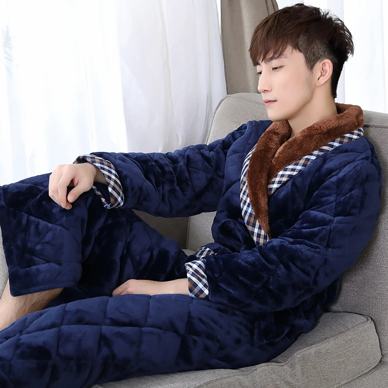 Winter Men Three Layers Quilted Bathrobe Thick Flannel Robe Sleepwear Big Yards XXXL Kimono Stitching Bathrobes Male Warm Lounge