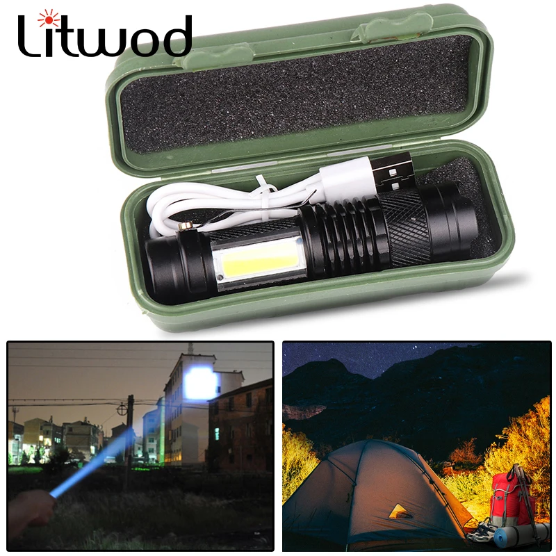 El más nuevo diseño XP-G Q5 construido en batería USB linterna de carga COB LED Zoomable impermeable Tactical antorcha lámpara LED BOMBILLAS Litwod