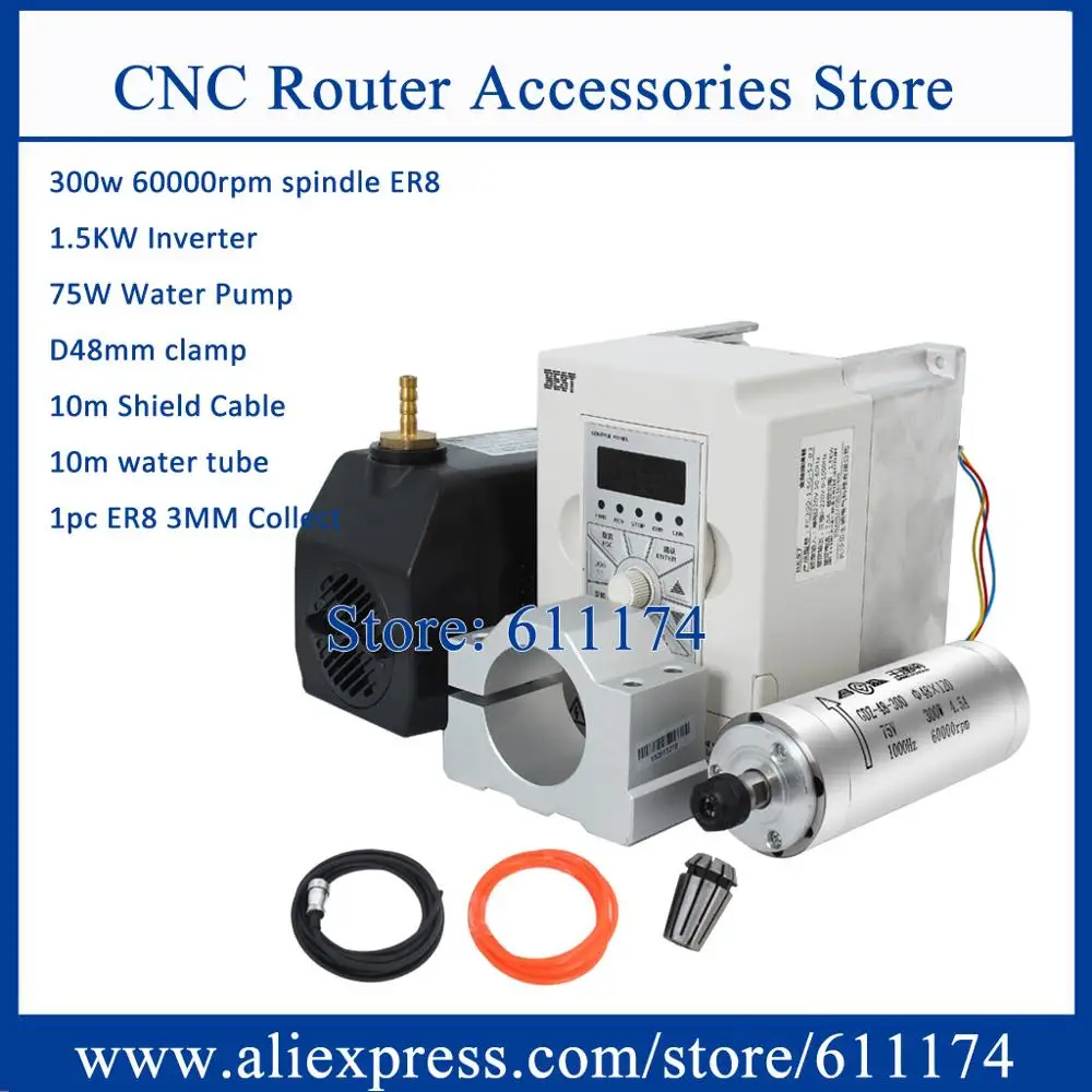 

CNC Milliing spindle motor 300w 75V 60000rpm Water cooled + 1.5Kw AC220V Frequency VFD Inverter + 48mm bracket + 75w water pump