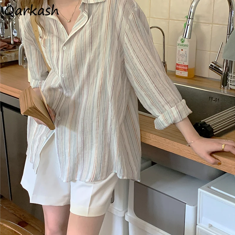 

Women Striped Shirts Loose Sun-proof Slouchy Breathable Retro Outwear Teenagers Trendy Females Daily High Quality Gentle Popular