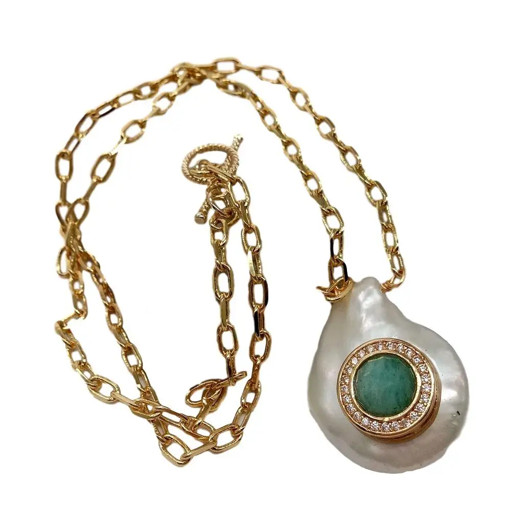 Y·YING natural Cultured White Coin freshwater Pearl Cz Pave Green Amazonite Charm gold color plated Chain Necklace 17\