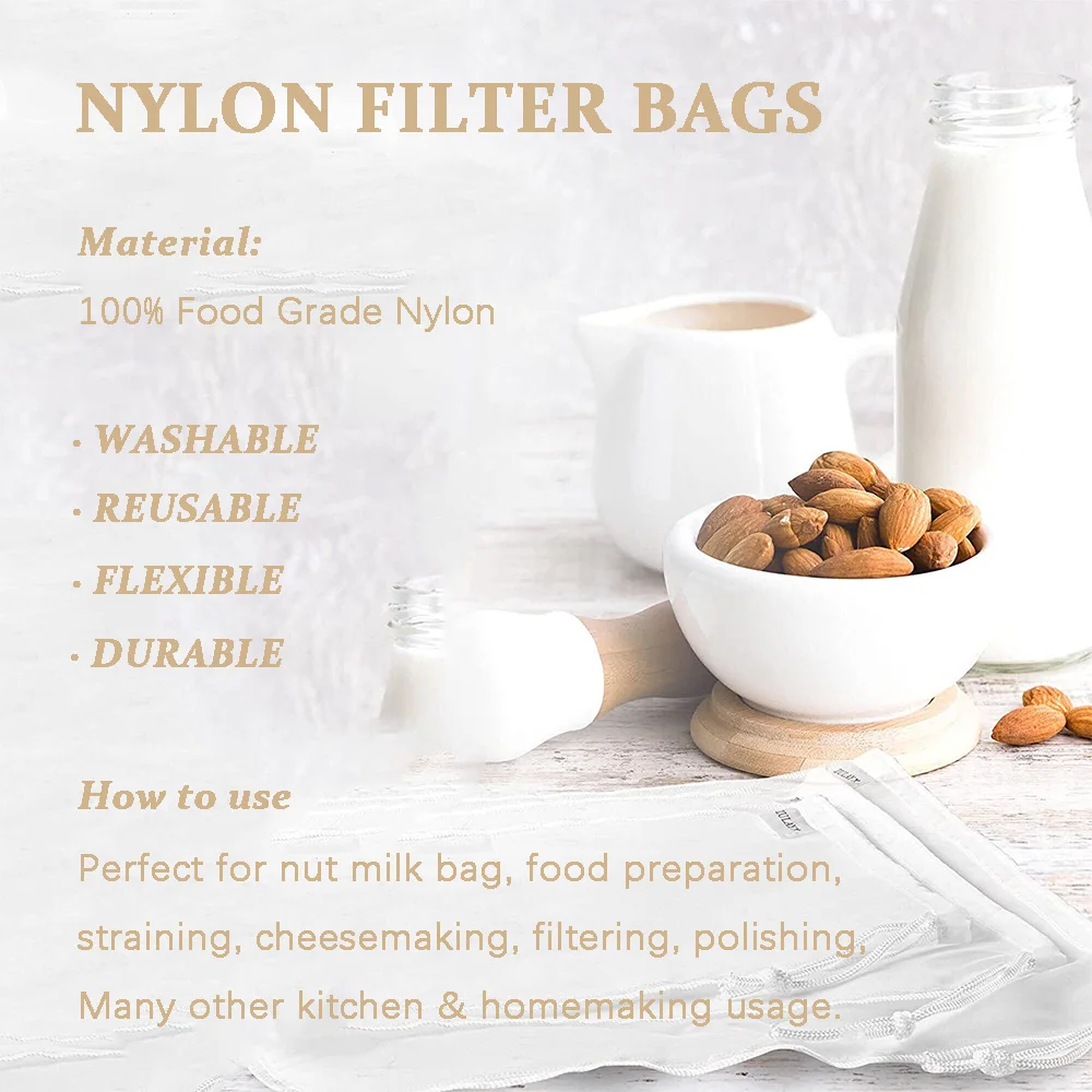 3 Pcs Nut Milk Bags, 150/75/48 Micron Reusable Nylon Food Strainers Bags Soy Milk Filter Bags Yogurt Milk Wine Brew Filters Bag