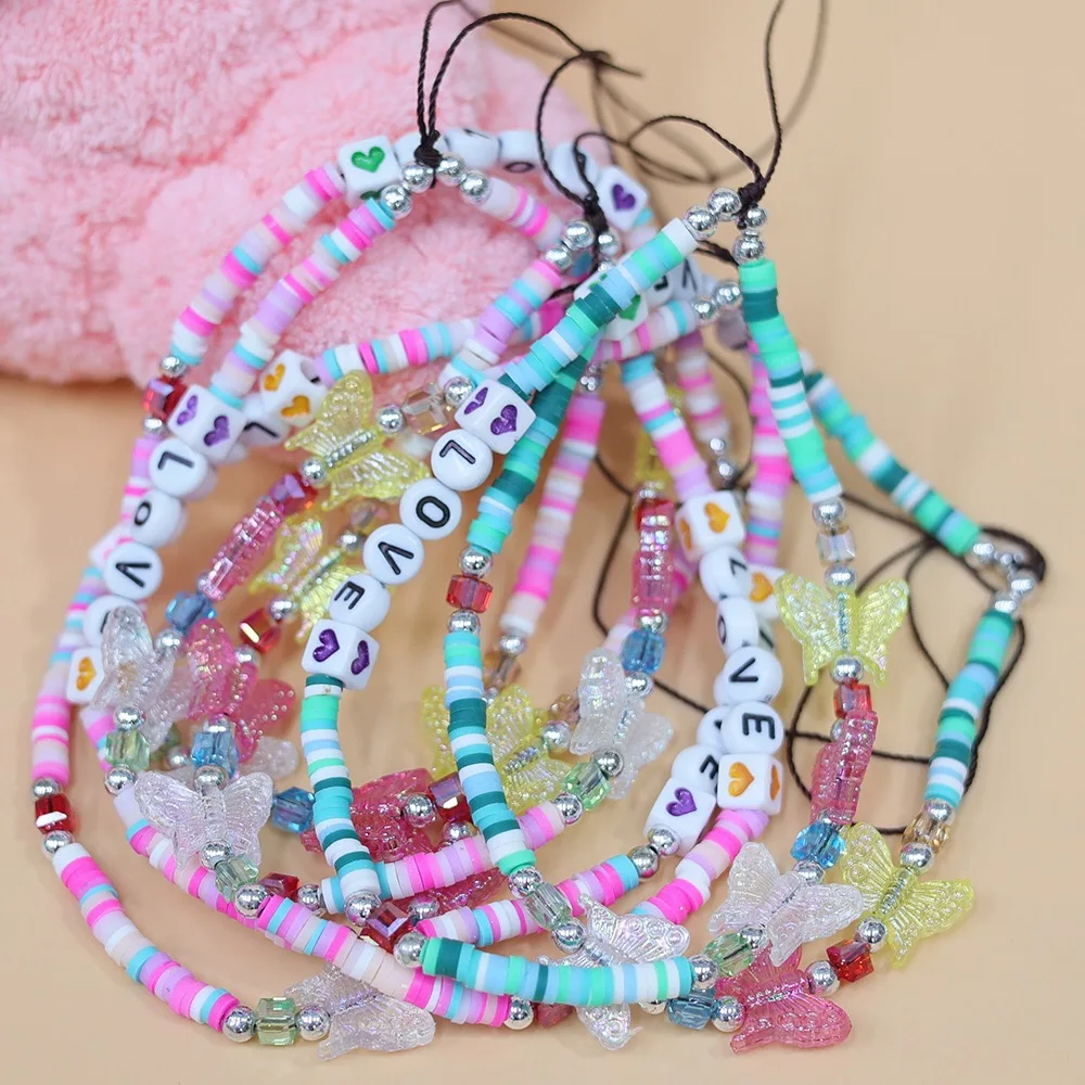 BLUE STAR 2021Colorful Acrylic Butterfly Mobile Phone Lanyard For Women With The Letter Love Soft Pottery Jewelry