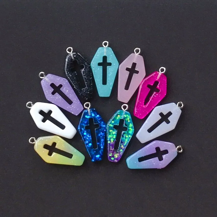 10pcs  29*16mm Punk Style Coffin Planchette Charms Flat back Resin Cross  Accessory for Necklace Pendant DIY Making