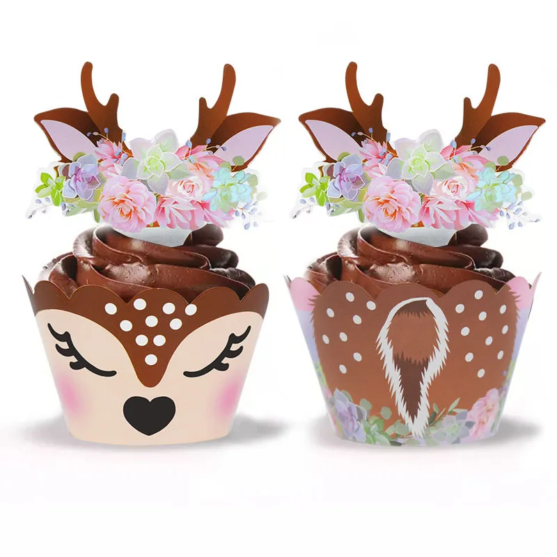 12/24 stücke Cartoon Sika Deer Cupcake Wrapper Geweih Papier Kuchen Topper Frohe Weihnachten Weihnachten Neue Jahr Geburtstag Party Dekoration – Detail 8