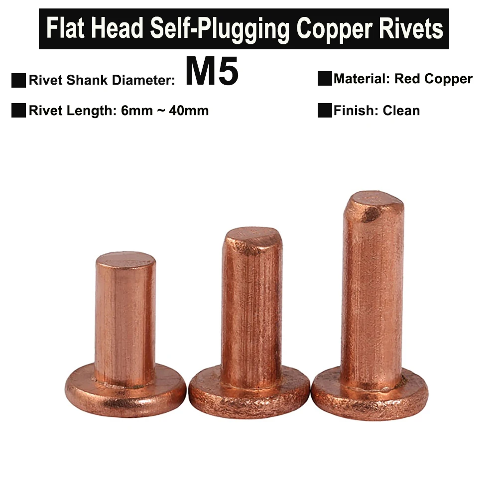 

5Pcs/3Pcs M5x6mm~40mm Solid Red Copper Rivets Flat Head Cup Head Self-Plugging Rivet Round Head Rivet