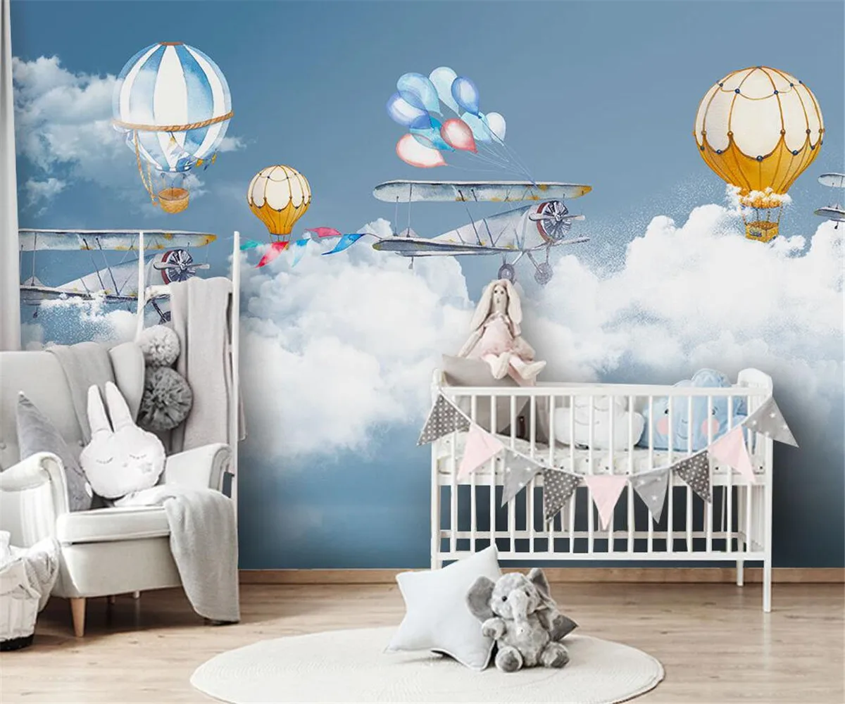 Papel tapiz personalizado para habitación de niños, foto nórdica pintada a mano, globo aerostático de dibujos animados, cielo estrellado, Mural de