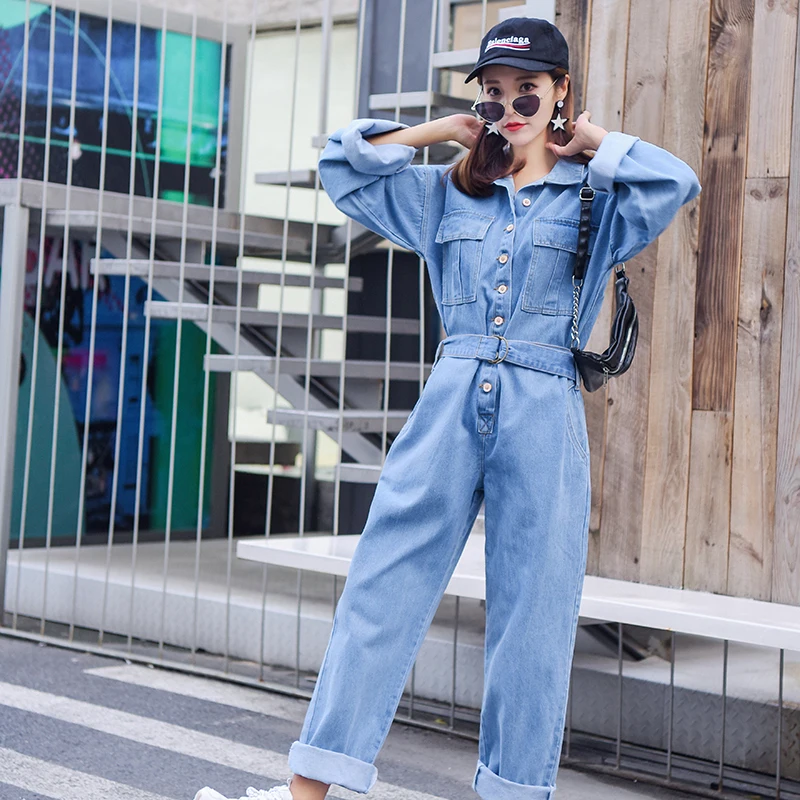 New Casual Stretwear Denim Jumpsuit Women Loose Wide Leg Jean Rompers Belt Baggy Pants Dungarees High Waist Long Sleeve Overalls