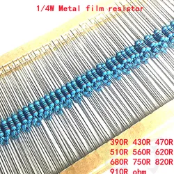 100pcs 1/4W Metal Film Resistor 1% 390R 430R 470R 510R 560R 620R 680R 750R 820R 910R 390 430 470 510 560 620 680 750 820 910 Ohm