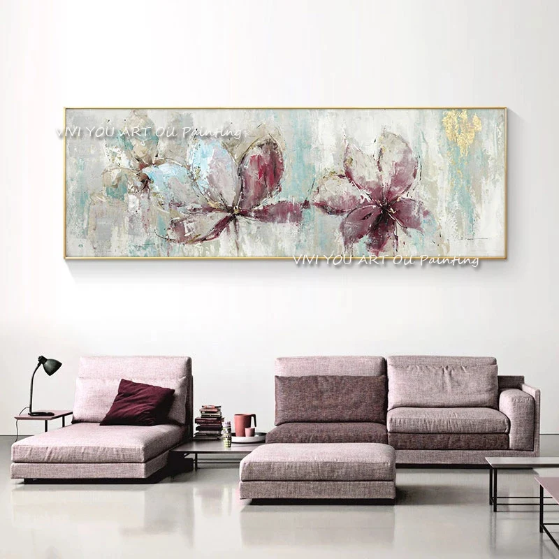 The  High Quality Fashion Handpainted Abstract Flower Oil Painting Wall Art Modern Porch Picture Derr Purple White Green Plant