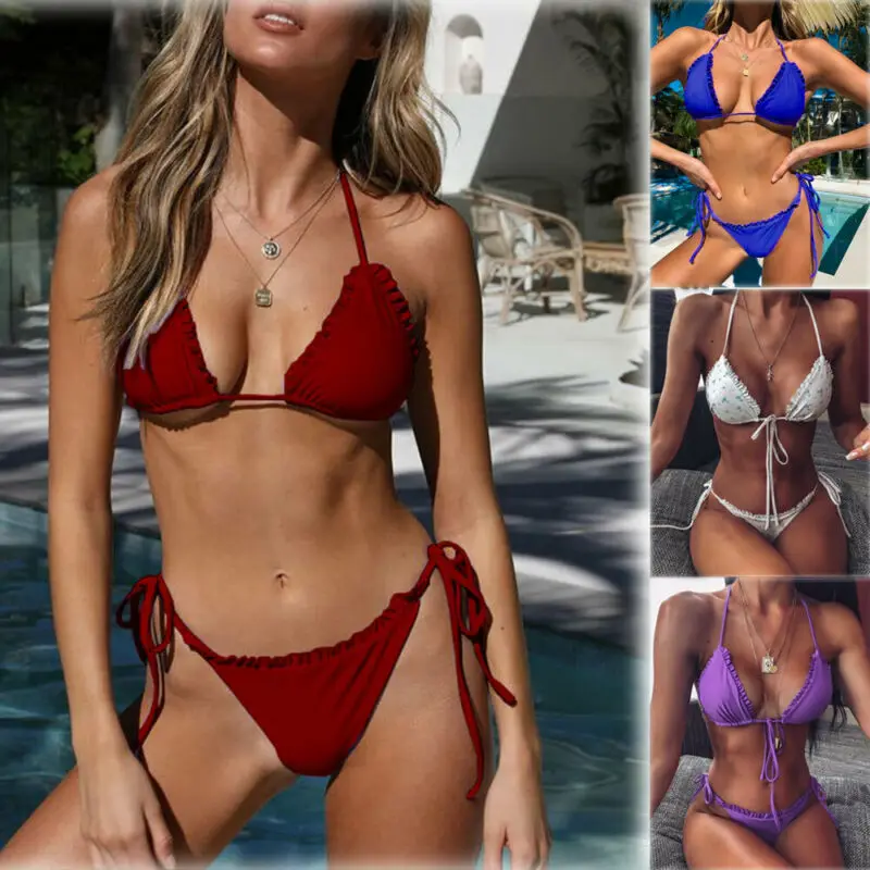 

Sexy Ruffles Bikini Set Women Bandage Push Up Padded Thong Biquini Women Bathing Suit Halter Style Beach Swimming Wear