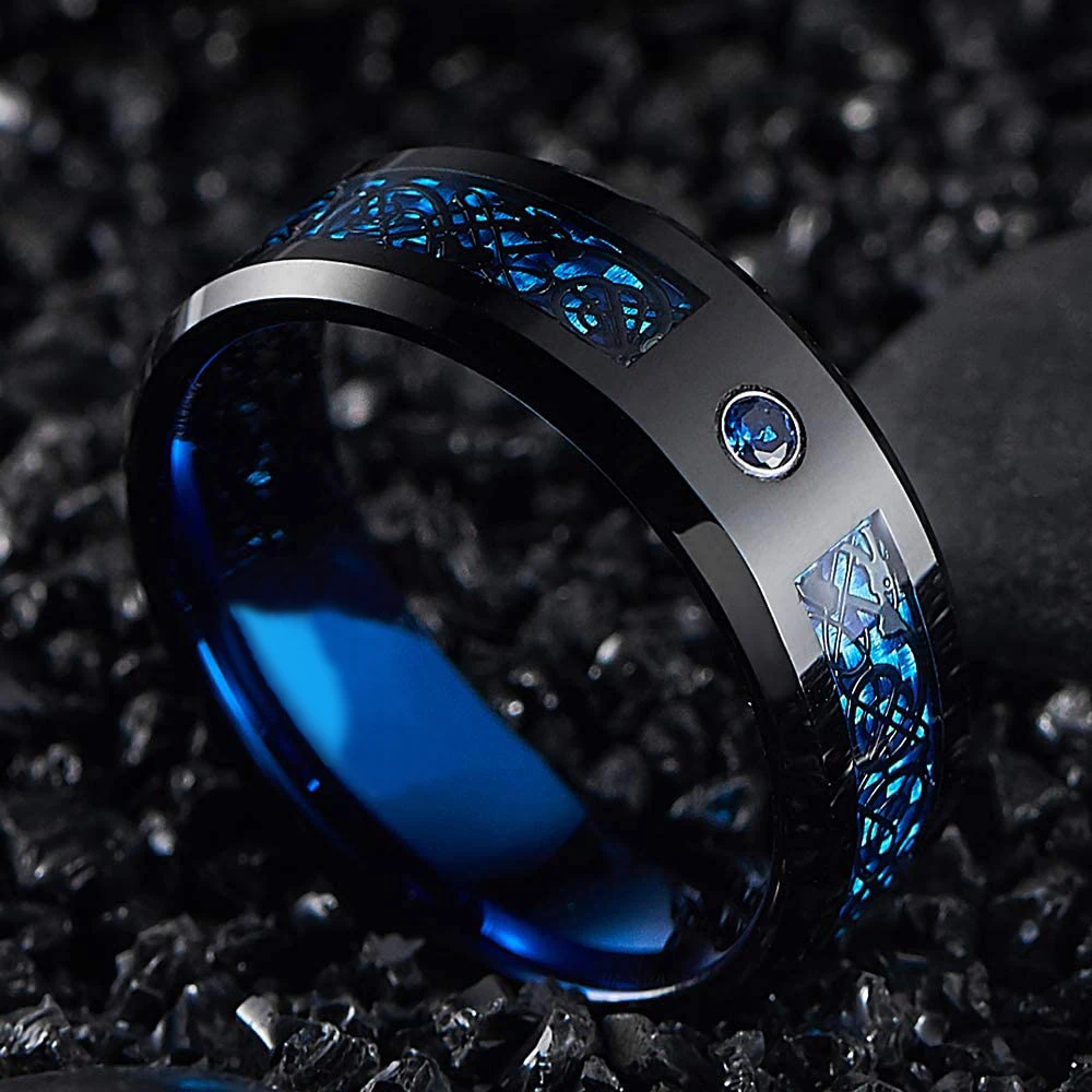 Fashion Men\'s 8mm Red Tungsten Wedding Celtic Dragon Rings Inlaid Blue Zircon Stainless Steel Green Carbon Fibre Rings For Men