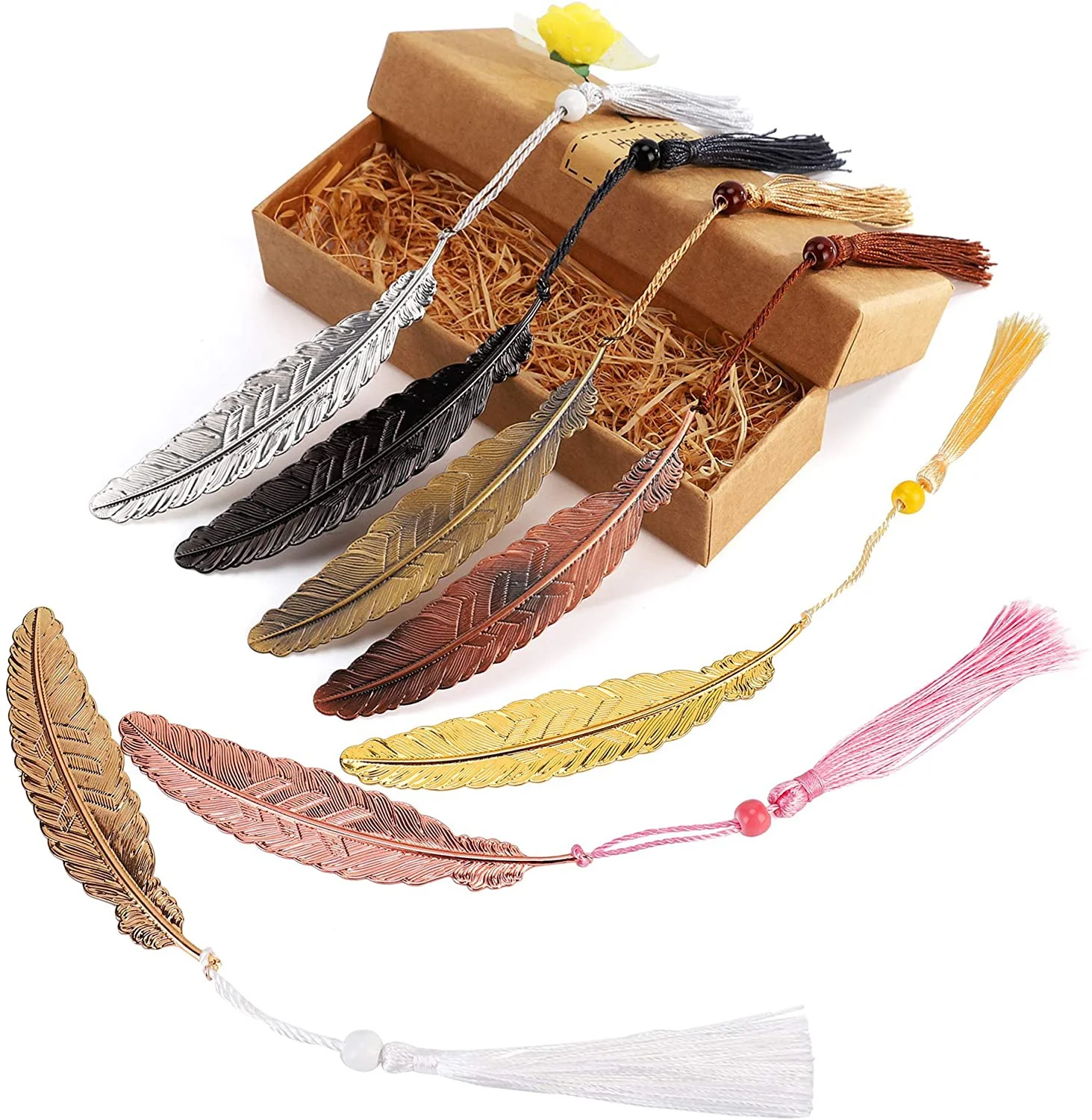 7 Pieces Vintage Metal Feather Bookmarks with Tassels and Beaded Perfect Kids Office School Reading and Gifts and Collections,fo