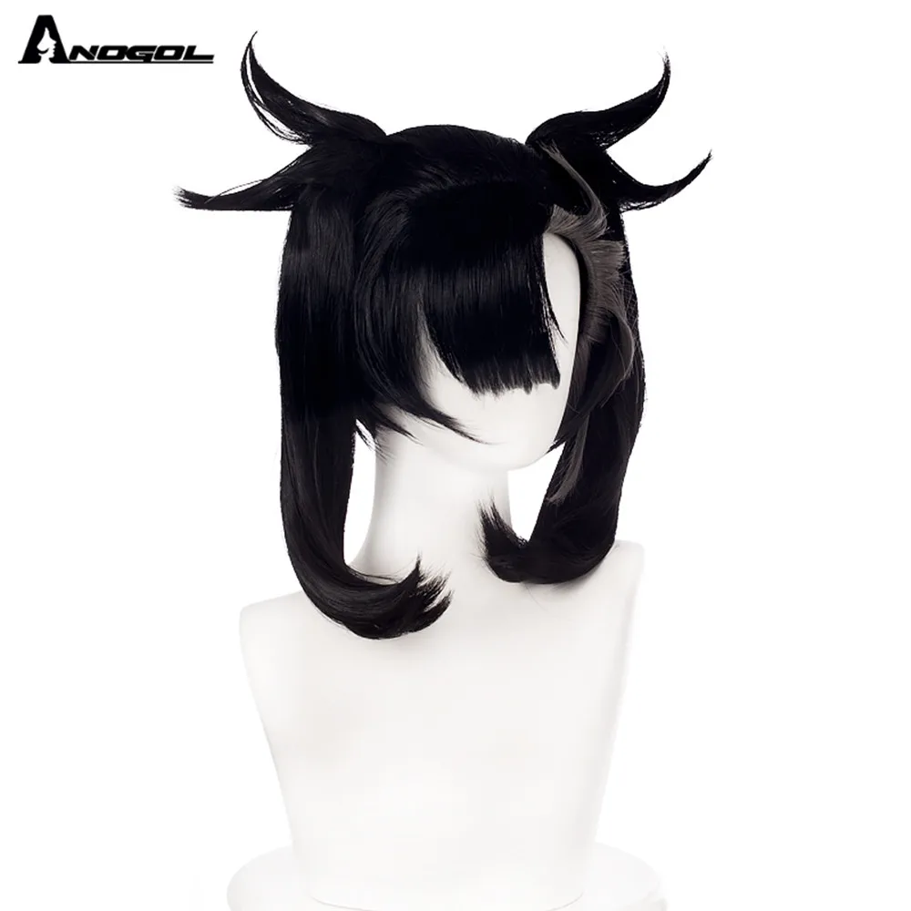 ANOGOL Pokémon Marnie High Temperature Fiber Short Black Synthetic Wig with Bangs Double Braid for Halloween Costume Party