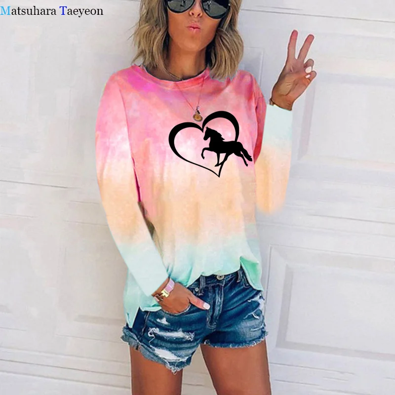 Funny Heart-shaped Horse T Shirt Women Fashion Tie-dyed Autumn New Tshirt O-Neck Long Sleeve T Shirt Femme Casual Top for Wome