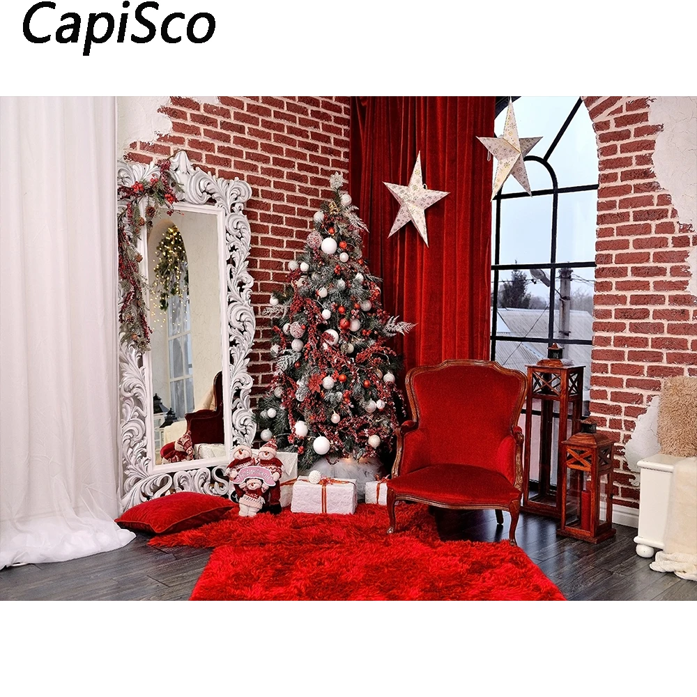 

Capisco Winter Window Christmas Photography Backdrop Red Curtain Tree Background Supplies Brick Wall Decor Banner Photobooth