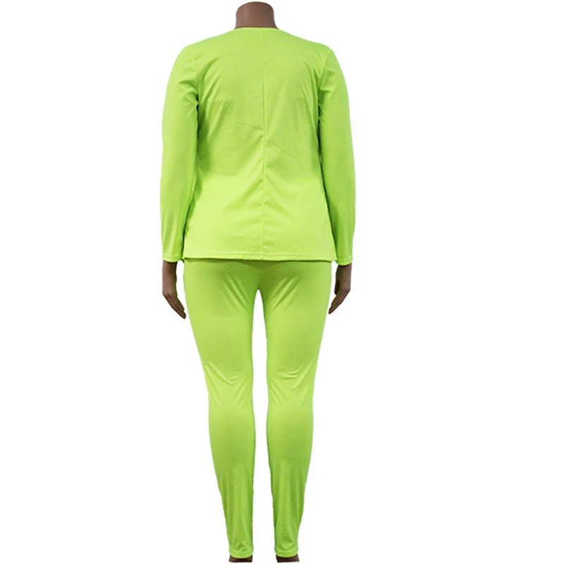 New Solid Colors V-Neck Casual Office Blazer Pants Suit with Elastic Band Plus Size Fluorescent Green Blazer Two Piece Set Women