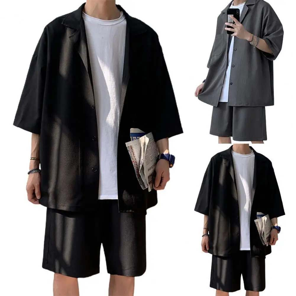 Korean Style Men's Set Suit Men Solid Color Loose Design Two Pieces Trendy Men Coat Shorts Suit Summer Oversized Clothing Man