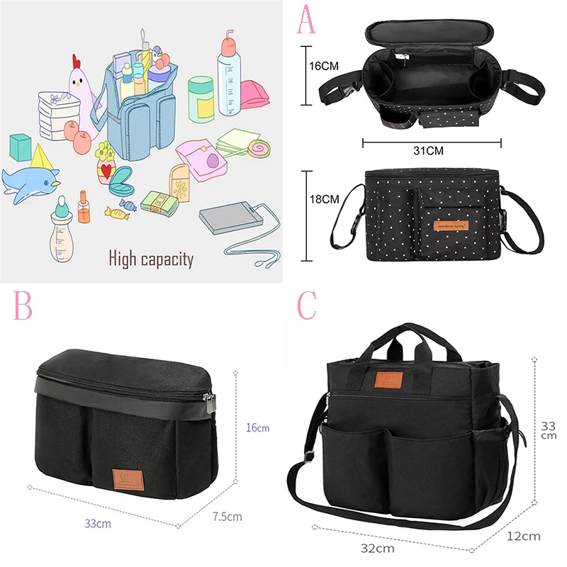 Baby Stroller Bag Universal Mommy Package Travel Hanging Carriage Organizer Nappy Hanging Bag Large Capacity Stroller Accessory