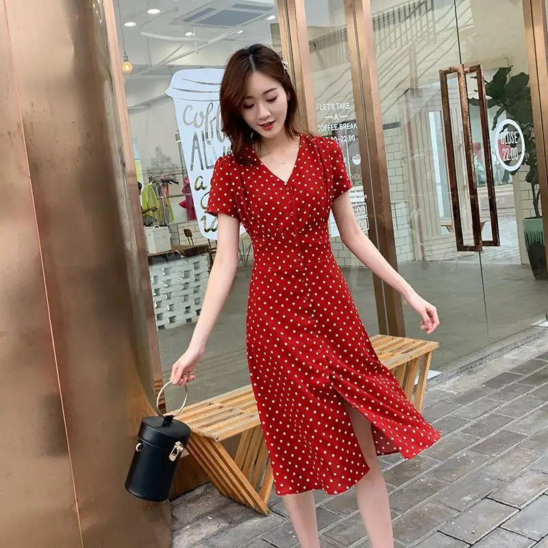 여름 레드 폴카 도트 드레스 소녀의 복고풍 중간 길이 여성 드레스 vestido de mujer femme robe