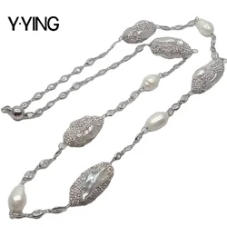 Y·YING white Color Crystal Pave Cultured White Biwa freshwater Pearl Long Chain Necklace  33