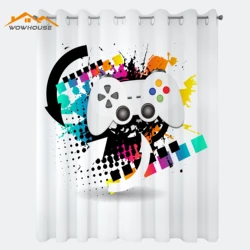 Gamer Curtains Modern Console Game Controller with Halftone Motif and Color Splashes Background Living Room Bedroom Window Drape