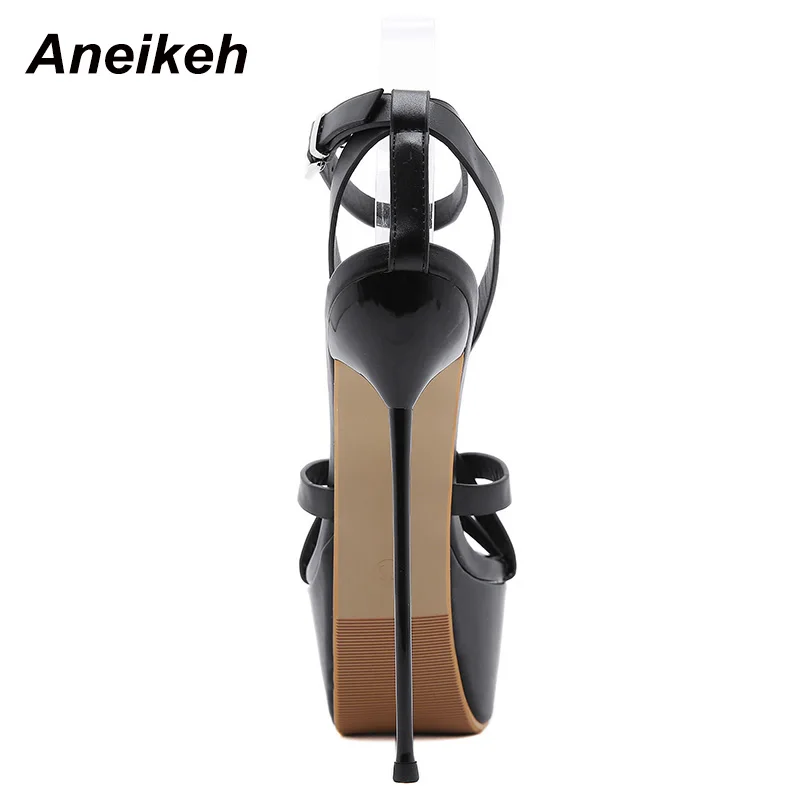 Aneikeh Fashion Head Peep Toe High Heel Buckle Strap PU Women\'s Shoes Solid 2024 Summer Platform Sandals Zapatos De Mujer Black