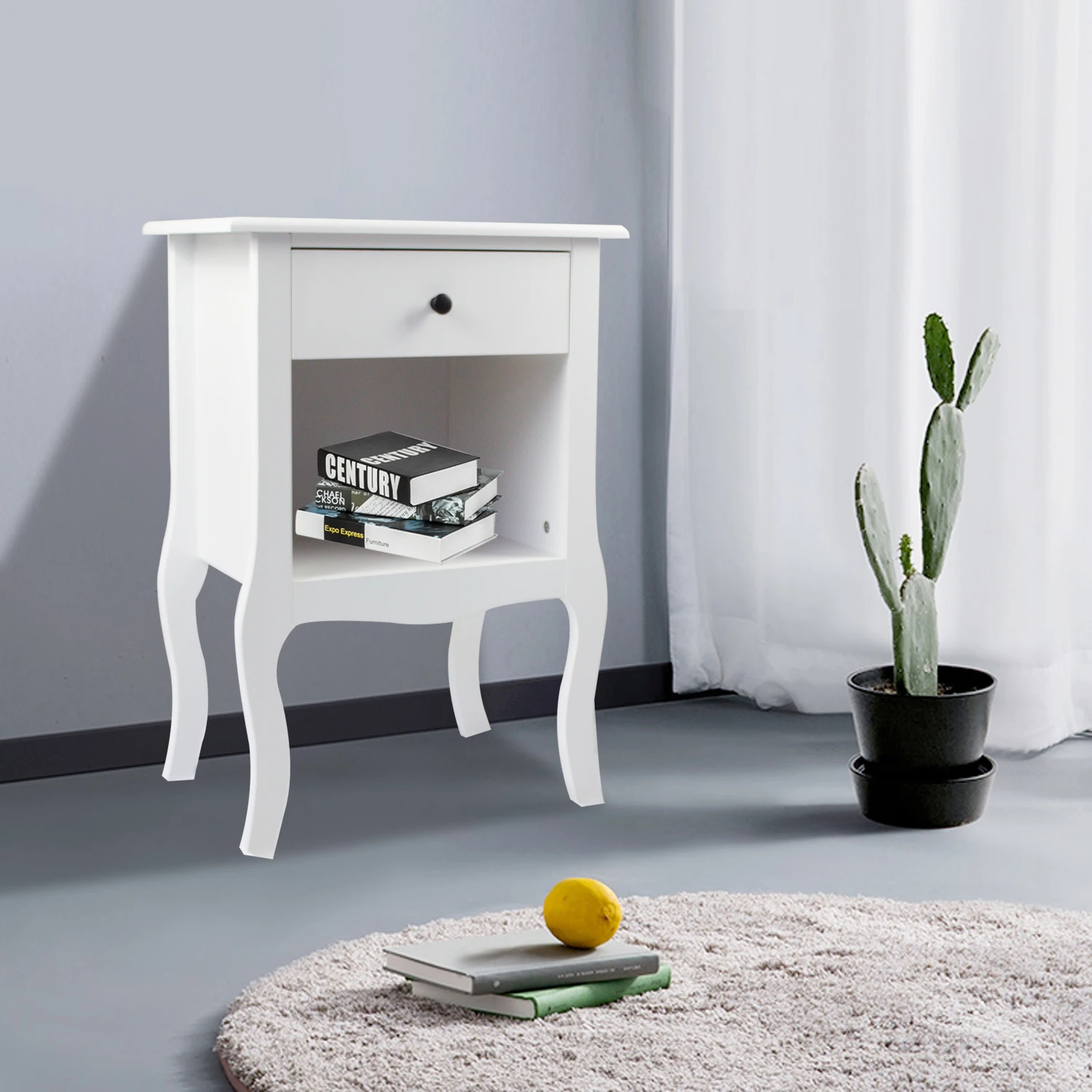 European Bedside Cabinet Nightstand Side End Table 1 Drawer Simple Country Style More Storage Space White[US-Stock]