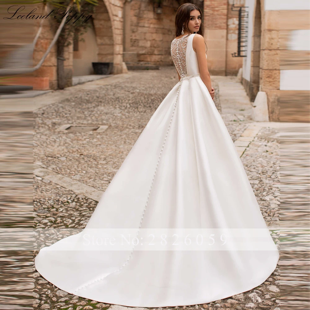 Lceland Poppy Customized Women's A Line Satin Wedding Dresses Sleeveless Beaded Floor Length Bridal Gowns