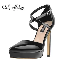 Onlymaker Women Pointed Toe Black Patent Leather Platform   Thin High Heels Criss Cross Buckle Strap Sandals Big Size