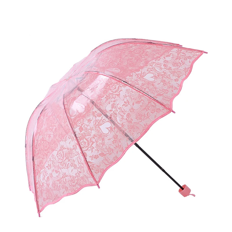 Three Fold Transparent Princess Women Rain Umbrella Romantic Lace Heart Print Thicken PVC Clear Umbrellas Lovers Girls Gifts