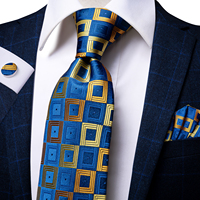 Hi-Tie New Yellow Blue Plaid Men's Tie Set Luxury Silk 8.5cm Large Necktie For Men Fashion Hanky Cufflinks Set Wedding Quality