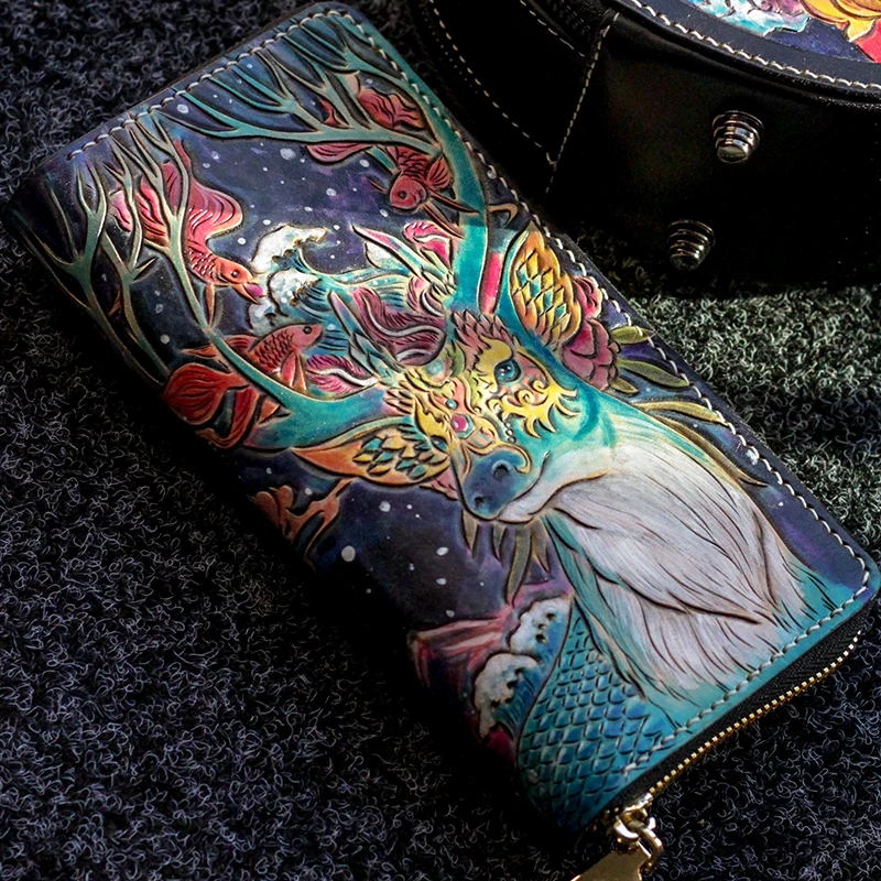 

High-grade Handmade Women Deer God Wallets Zipper Animal Purses Men Long Clutch Vegetable Tanned Leather Wallet Card Holder