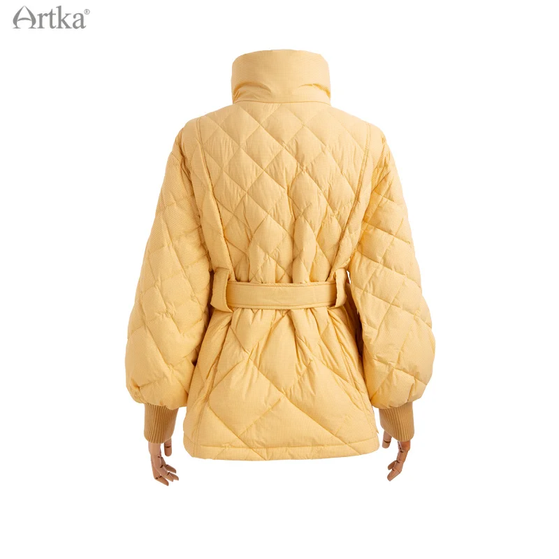 ARTKA 2021 Winter New Women Down Jacket Fashion Houndstooth 90% White Duck Down Coat Loose Warm Down Jacket With Belt ZK20011D