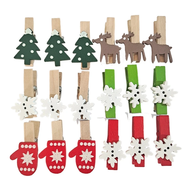 12Pcs Christmas Wooden Clips  Snowflake Wood Clip Mini Wooden Clothes Photo Paper Peg Pin Clothespin Craft Clips for Navidad