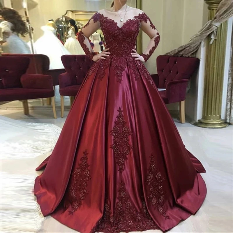 

Burgundy V-Neck Ball Gown Prom Dresses Saudi Arabia Style Long Sleeves Satin Court Train Special Occasion Evening Party Gowns