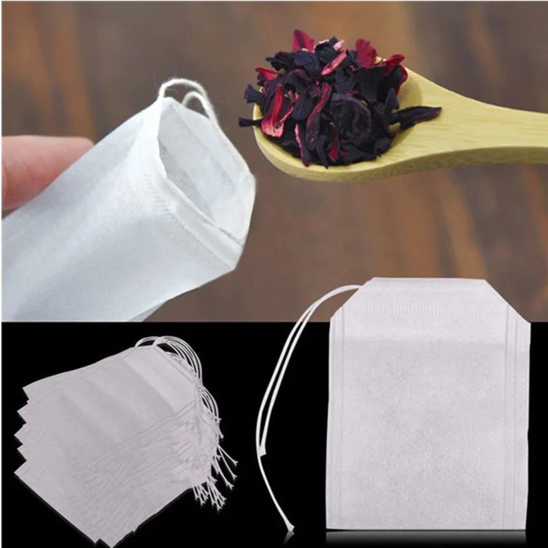 Bolsas de té de tela no tejida de grado alimenticio, filtro para Infusor de té de especias con sello de cuerda, filtros de especias, 100 Uds.