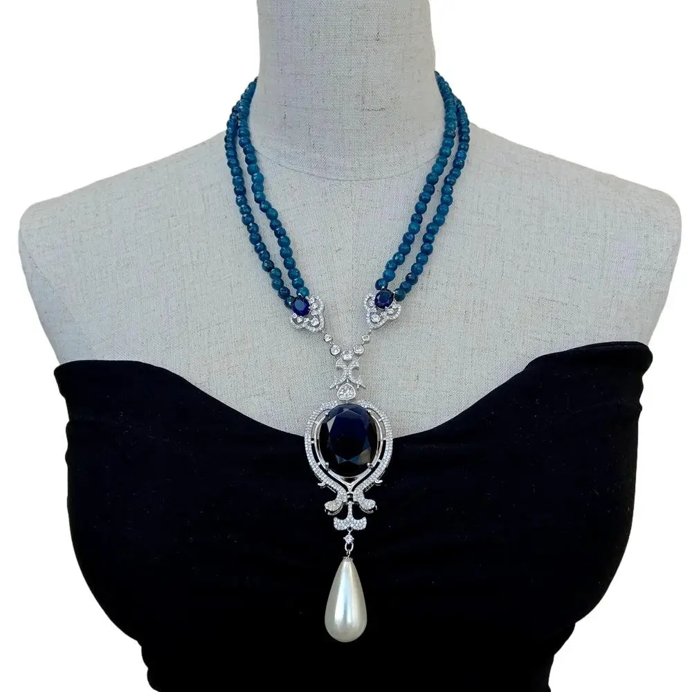 Y·YING 2 Rows Blue Agate Necklace Blue Crystal White Sea Shell Pearl Pendant 19\
