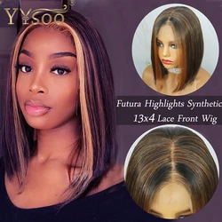 YYsoo-Peluca de cabello sintético para mujer, pelo corto negro con reflejos #27 Futura, 13x4, encaje frontal sin pegamento, sedoso, recto, Bob, parte de 4 pulgadas