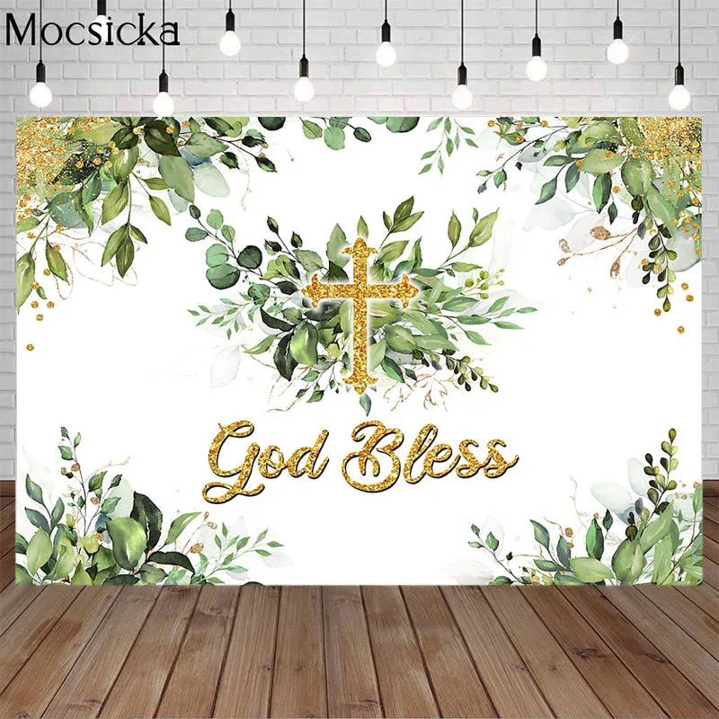 Toile de fond de baptême de dieu, feuille verte, fleur dorée, croix, pour fête d'anniversaire de première Communion, décoration de Table à gâteau, bannière