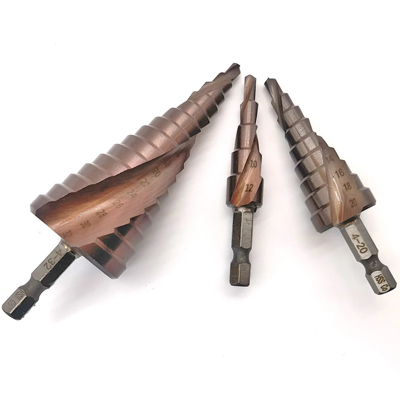 4-12mm 4-20mm 4-32mm M35 Cobalt Step Drill Bit Set Tapered HSS-CO HSS Drill Bit Kit Spiral Groove Hex Shank for Stainless Steel