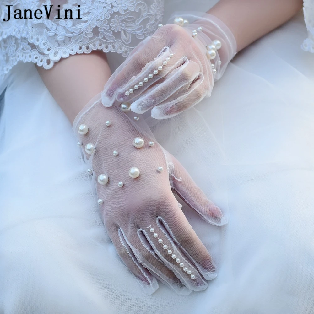 JaneVini 2021 Elegante Weiße Kurze Hochzeit Handschuhe für Braut Volle Finger Handgelenk Länge mit Perlen Gant Tüll Hochzeit Zubehör