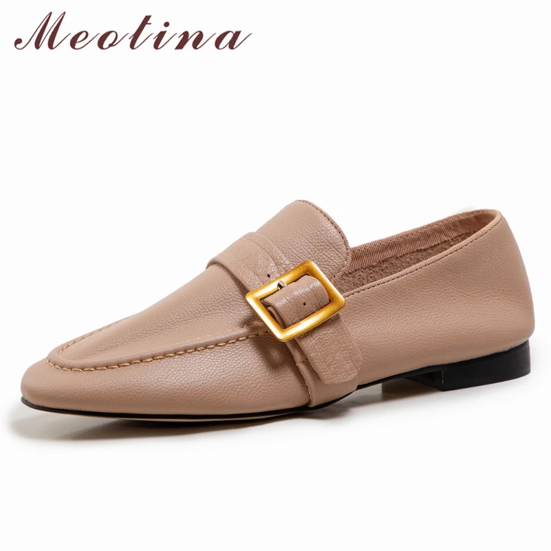 

Meotina Genuine Leather Women Loafers Shoes Round Toe Flat Shoes Buckle Causal Ladies Footwear Autumn Cow Leather Apricot 34-40