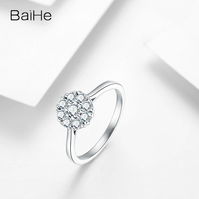 BAIHE Solid 18K White Gold 0.45ct H/SI Natural Diamond Round Ring Women Men Fine Jewelry Making