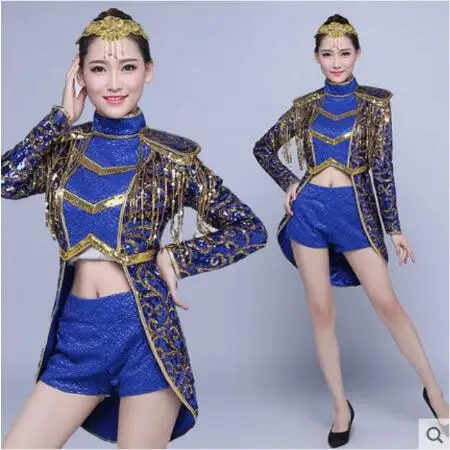 

New Blue Sequins Gold Tassel Jacket Short Birthday Celebrate Outfit Bar Women Singer Show Prom Dance Outfit Set