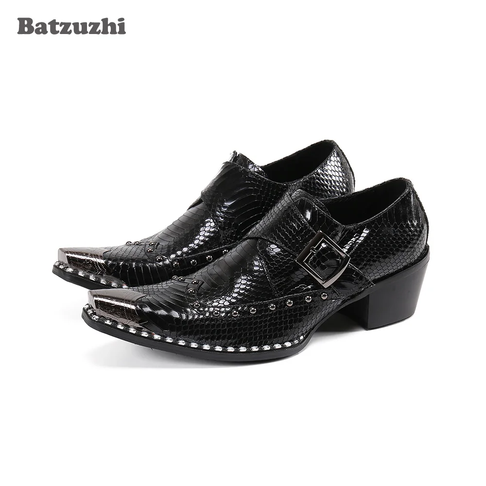 

Batzuzhi 6.5cm High Heels Men's Shoes Zapatos Hombre Leather Mens Dress Shoes Metal Pointed Toe Black Business, Party Shoes!